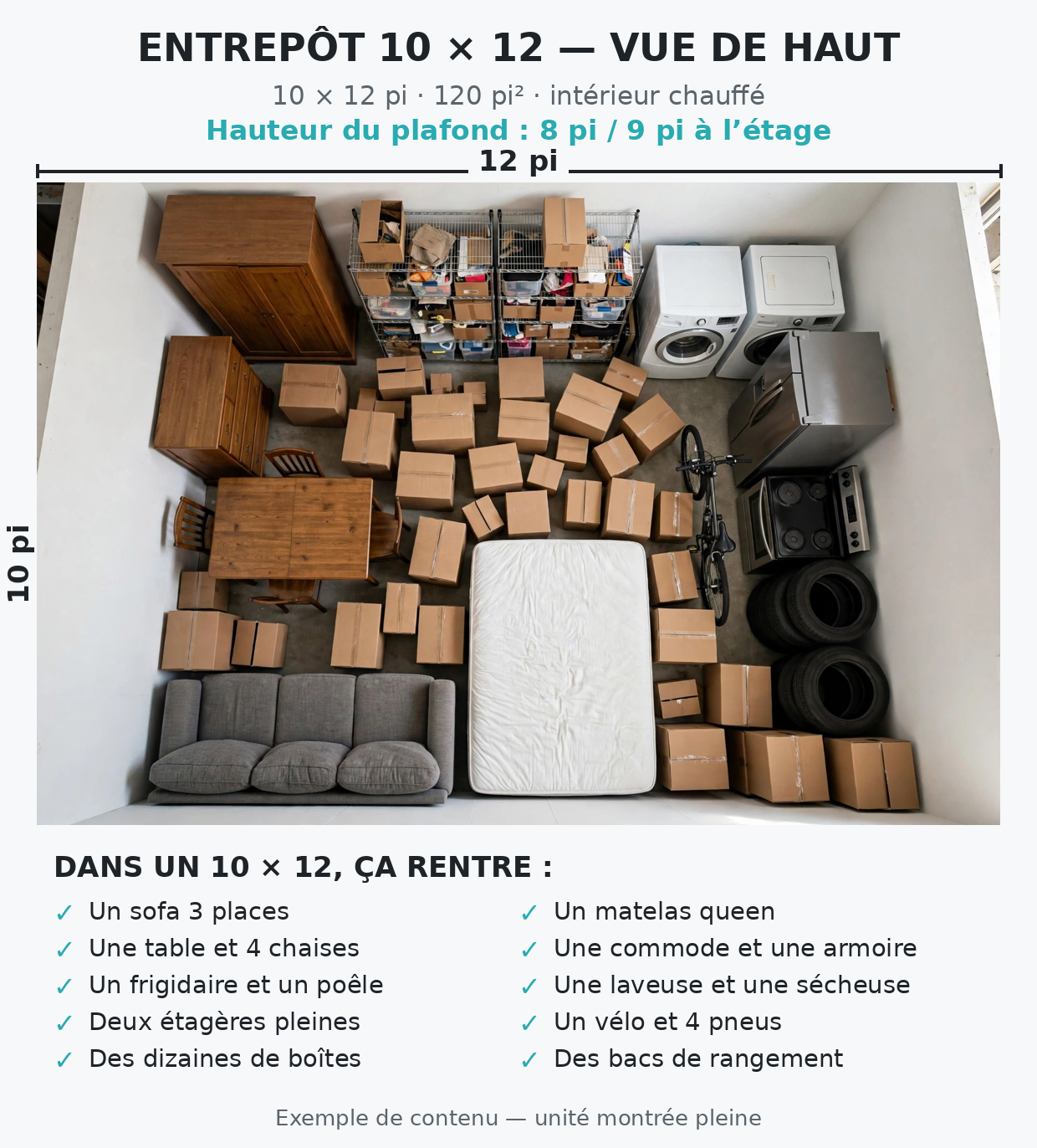 Entrepôt 10 × 12 — vue de haut et contenu